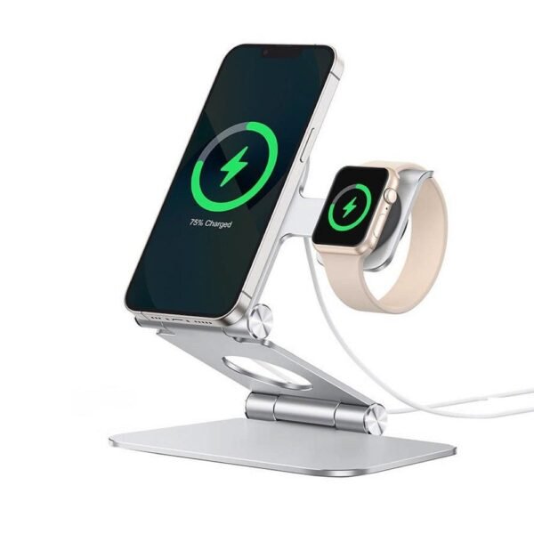 Алуминиева сгъваема поставка за зареждане на iPhone и Apple Watch, съвместима с Magsafe захранване и Apple Watch кабел - Omoton Aluminum MagSafe And Apple Watch Charging Stand...