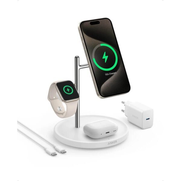 Anker MagGo 3-in-1 MagSafe Qi2 15W Ultra Fast B25- преносима тройна поставка (пад) за безжично зареждане за iPhone с MagSafe, Apple Watch, AirPods и Qi съвместими мобилни...