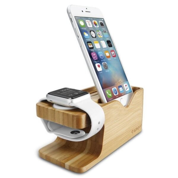 Бамбукова поставка за бюро за iPhone и Apple Watch - Spigen Stand S370 (бамбук)