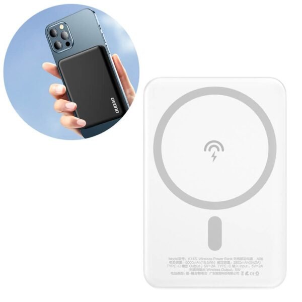 Безжична преносима външна батерия с USB-C вход за iPhone с Magsafe - Dudao Magnetic Wireless Power Bank 5000 mAh 10W (бял)