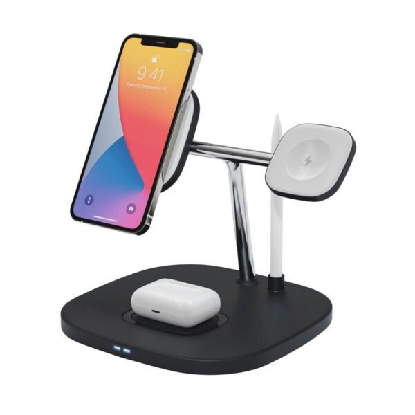 Четворна поставка (пад) за безжично зареждане за iPhone с Magsafe, Apple Watch, AirPods Pro, Apple Pencil и Qi съвместими устройства - Prio 4-in-1 Magnetic Wireless Charging...