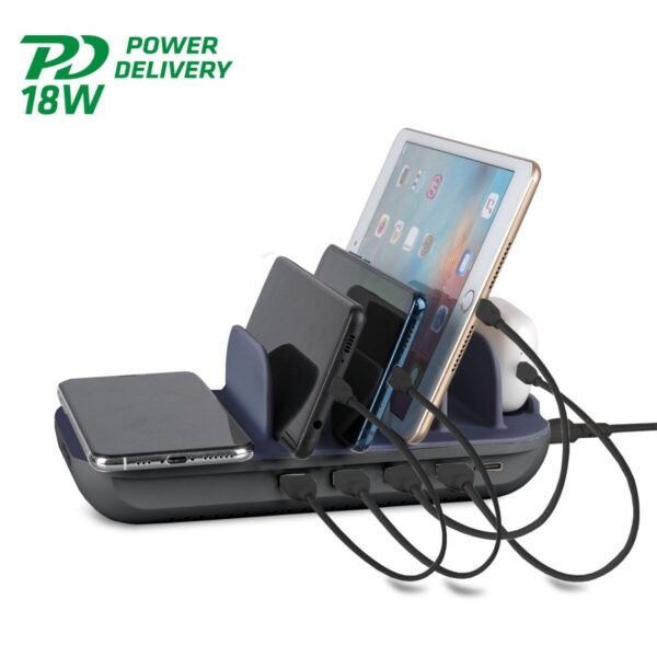 Док станция с 4xUSB и 1xUSB-C гнезда и пад за безжично зареждане - 4smarts Charging Station Family Evo 63W (тъмносин)