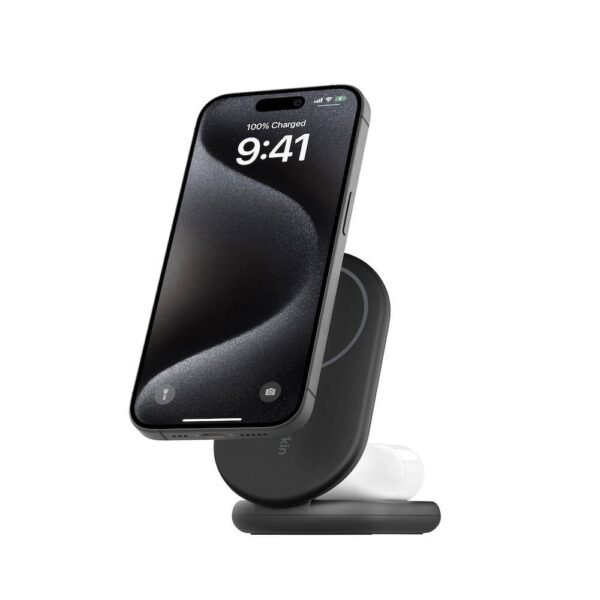 Двойна поставка (пад) за безжично зареждане за iPhone с Magsafe и AirPods - Belkin BoostCharge 2-in-1 Foldable Qi2 Magnetic Wireless Charging Stand (черен)