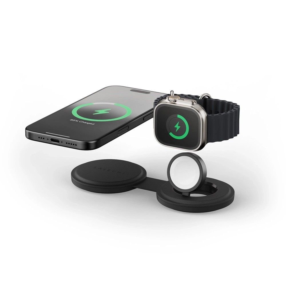 Двойна поставка (пад) за безжично зареждане за iPhone с Magsafe и Apple Watch - Satechi OntheGo 2-in-1 Qi2 Magnetic Wireless Charging Pad 15W (черен)