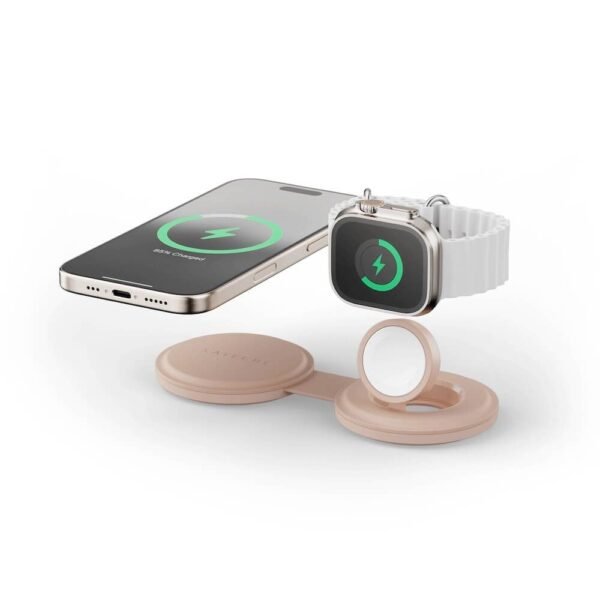 Двойна поставка (пад) за безжично зареждане за iPhone с Magsafe и Apple Watch - Satechi OntheGo 2-in-1 Qi2 Magnetic Wireless Charging Pad 15W (розов)