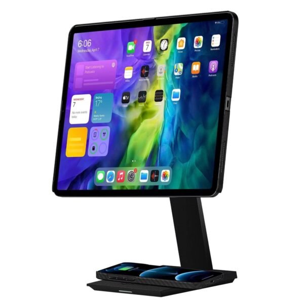 Изключително здрава настолна поставка с магнит за iPad и други таблети и пад за безжично зареждане на Qi съвместими устройства - Pitaka MagEZ Tablet Stand and Wireless Charger...