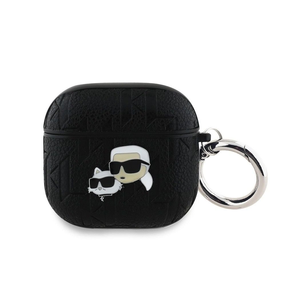 Кожен кейс с карабинер за Apple AirPods 4 - Karl Lagerfeld PU Embossed Karl and Choupette Head Case (черен)
