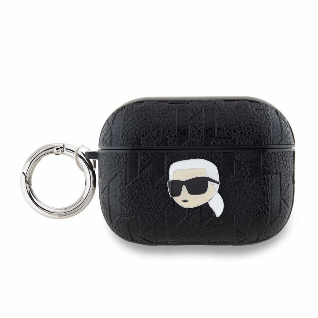 Кожен кейс с карабинер за Apple AirPods Pro 2 - Karl Lagerfeld PU Embossed Karl Head Case (черен)