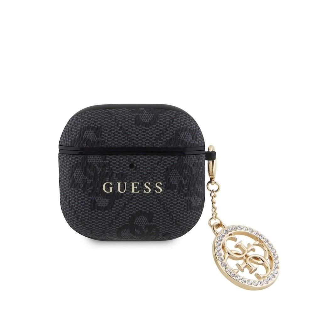Кожен кейс с висулка за Apple AirPods 4 - Guess 4G Script Charms PU Hard Case (черен)