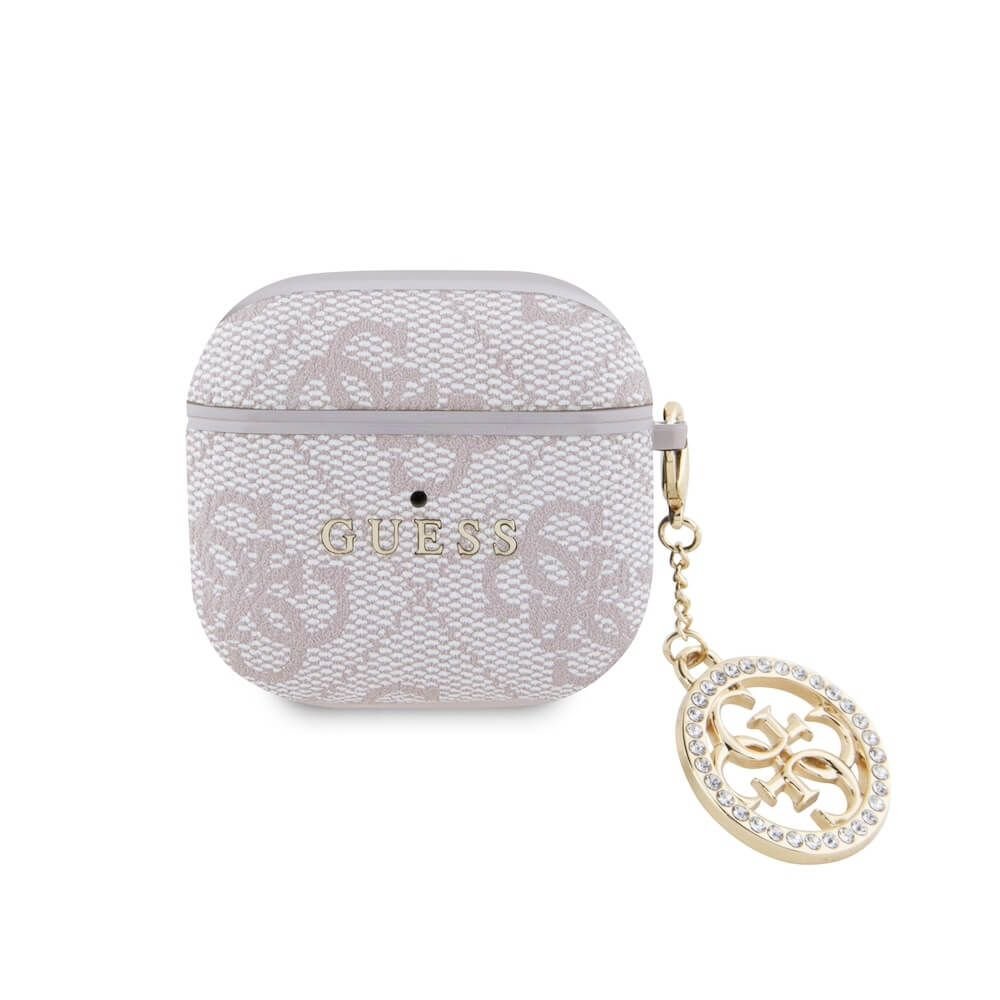 Кожен кейс с висулка за Apple AirPods 4 - Guess 4G Script Charms PU Hard Case (розов)