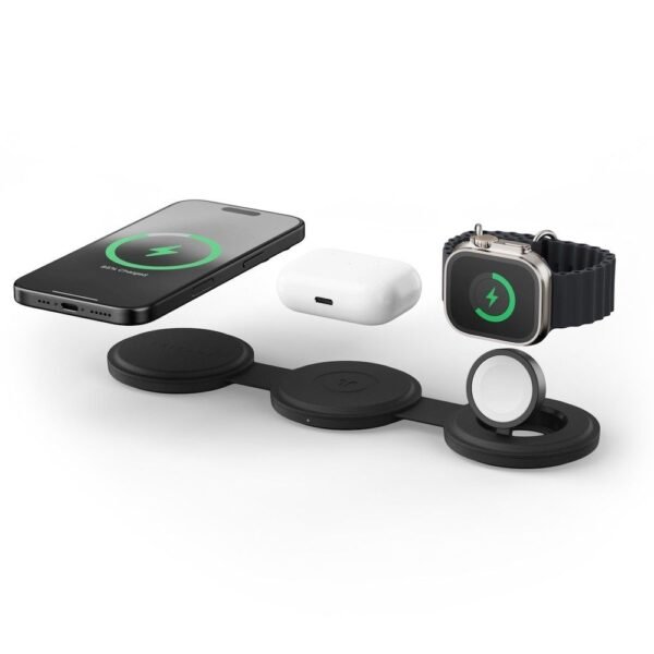 Преносима тройна поставка (пад) за безжично зареждане за iPhone с MagSafe, Apple Watch, AirPods и Qi съвместими мобилни устройства - Satechi OntheGo 3-in-1 MagSafe Qi2 Foldable...