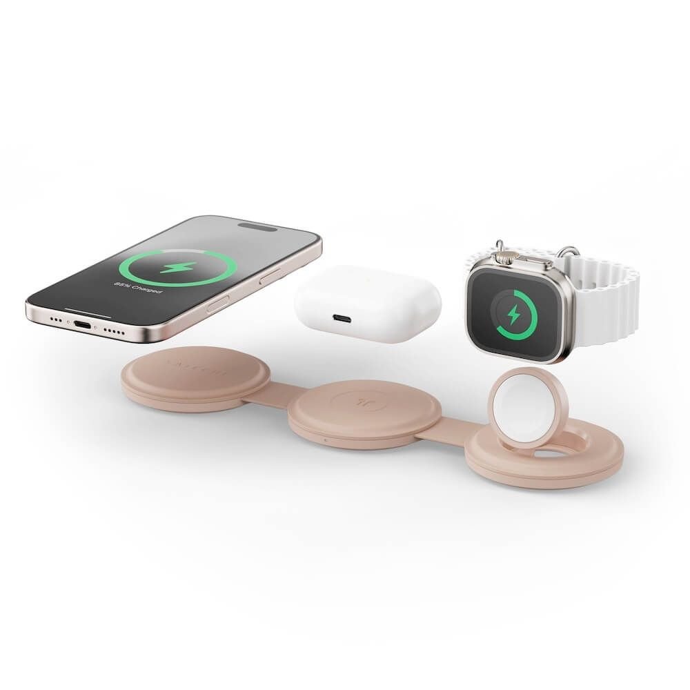Преносима тройна поставка (пад) за безжично зареждане за iPhone с MagSafe, Apple Watch, AirPods и Qi съвместими мобилни устройства - Satechi OntheGo 3-in-1 MagSafe Qi2 Foldable...