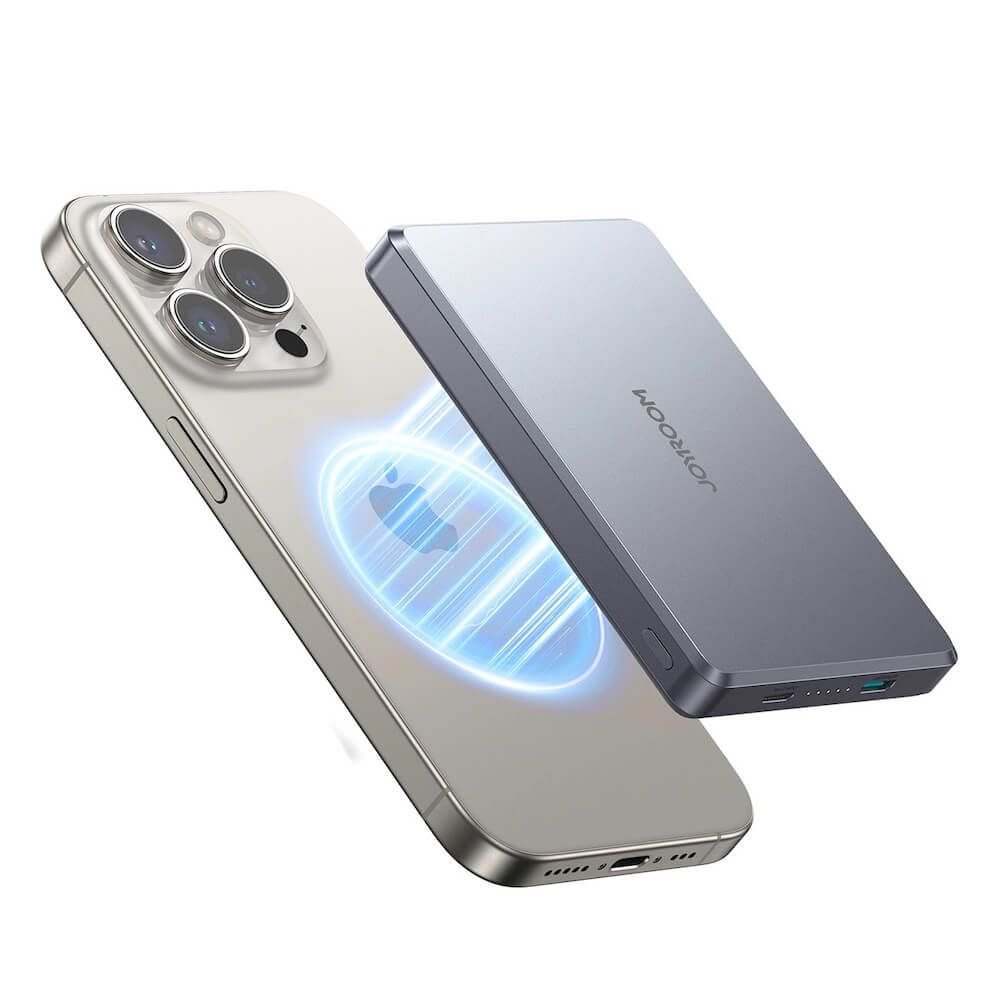 Преносима външна батерия с Lightning порт, USB-C изход и безжично зареждане с MagSafe - Joyroom Ultra Slim Magnetic Wireless Quick Charging Power Bank 10000 mAh 20W (сив)