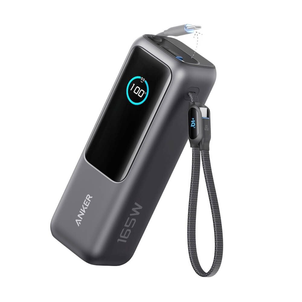 Преносима външна батерия с USB-C и USB изходи и технология за бързо зареждане - Anker Laptop Power Bank With Built-In Retractable Cables 25000 mAh 165W (черен)