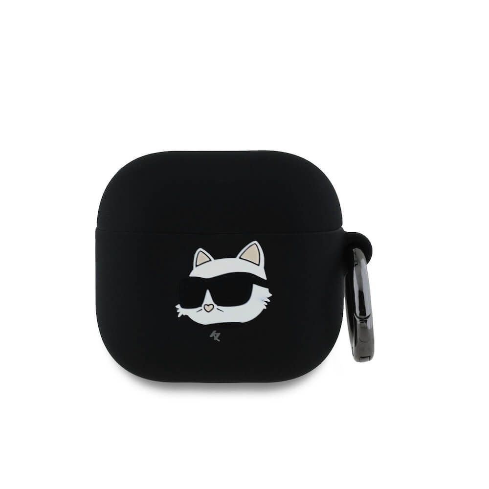 Силиконов калъф с карабинер за Apple AirPods 4 - Karl Lagerfeld 3D Logo NFT Karl Head Head Silicone Case (черен)