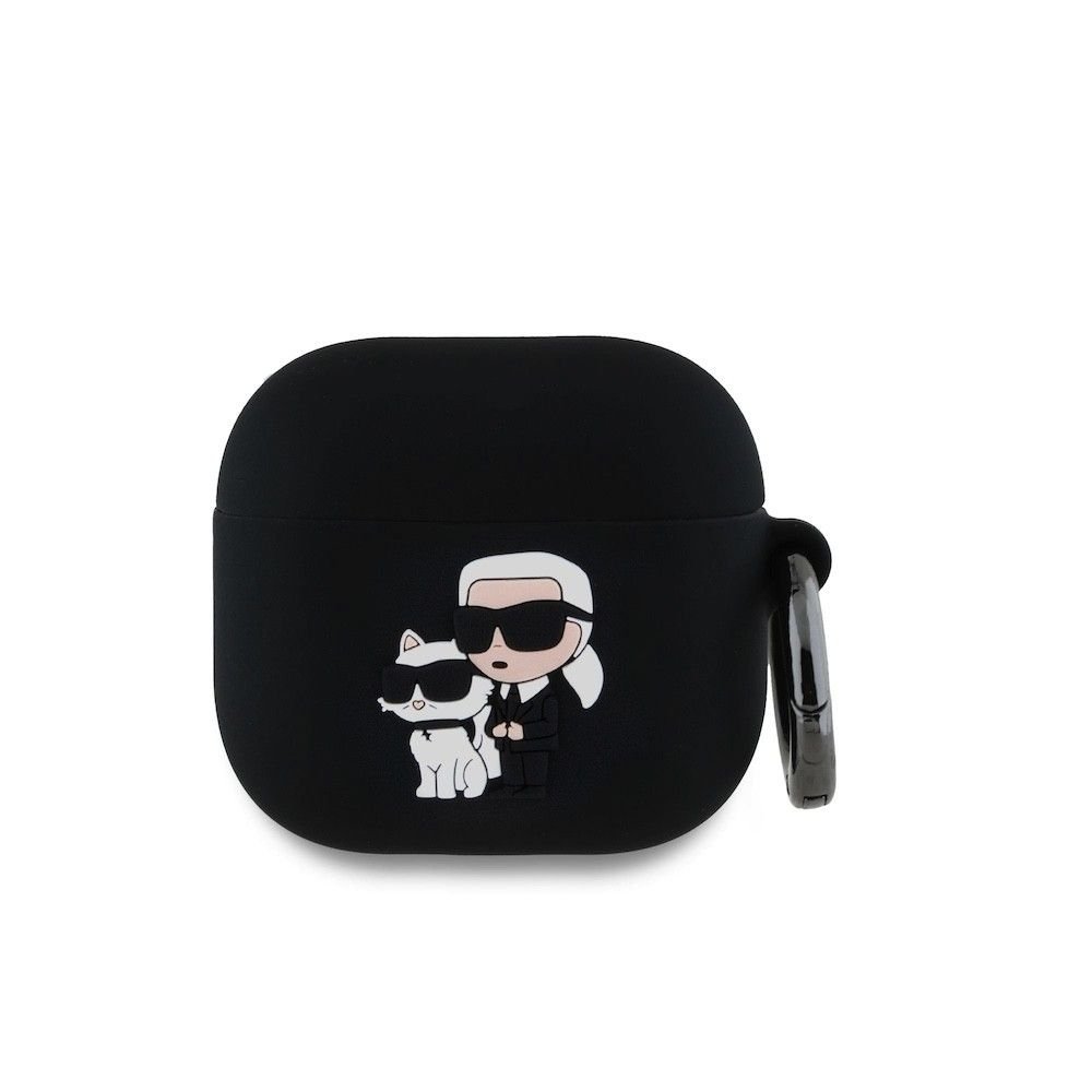 Силиконов калъф с карабинер за Apple AirPods 4 - Karl Lagerfeld 3D Logo NFT Karl and Choupette Silicone Case (черен)