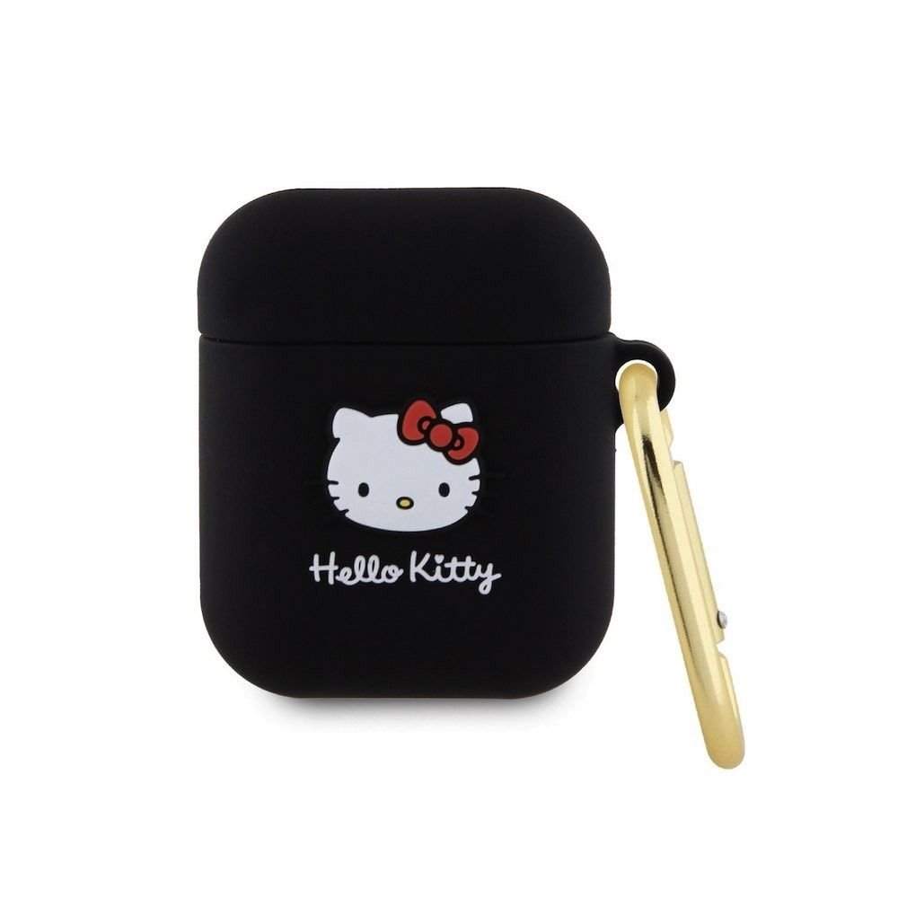 Силиконов калъф с карабинер за Apple AirPods и Apple AirPods 2 - Hello Kitty AirPods Liquid Silicone 3D Kitty Head Logo Case (черен)