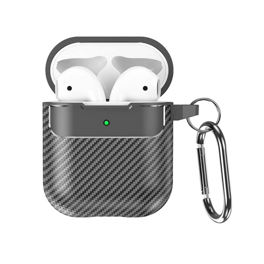 Силиконов калъф с карабинер за Apple Apple AirPods и Apple AirPods 2 (черен) - Techsuit CarbonFiber Silicone Case