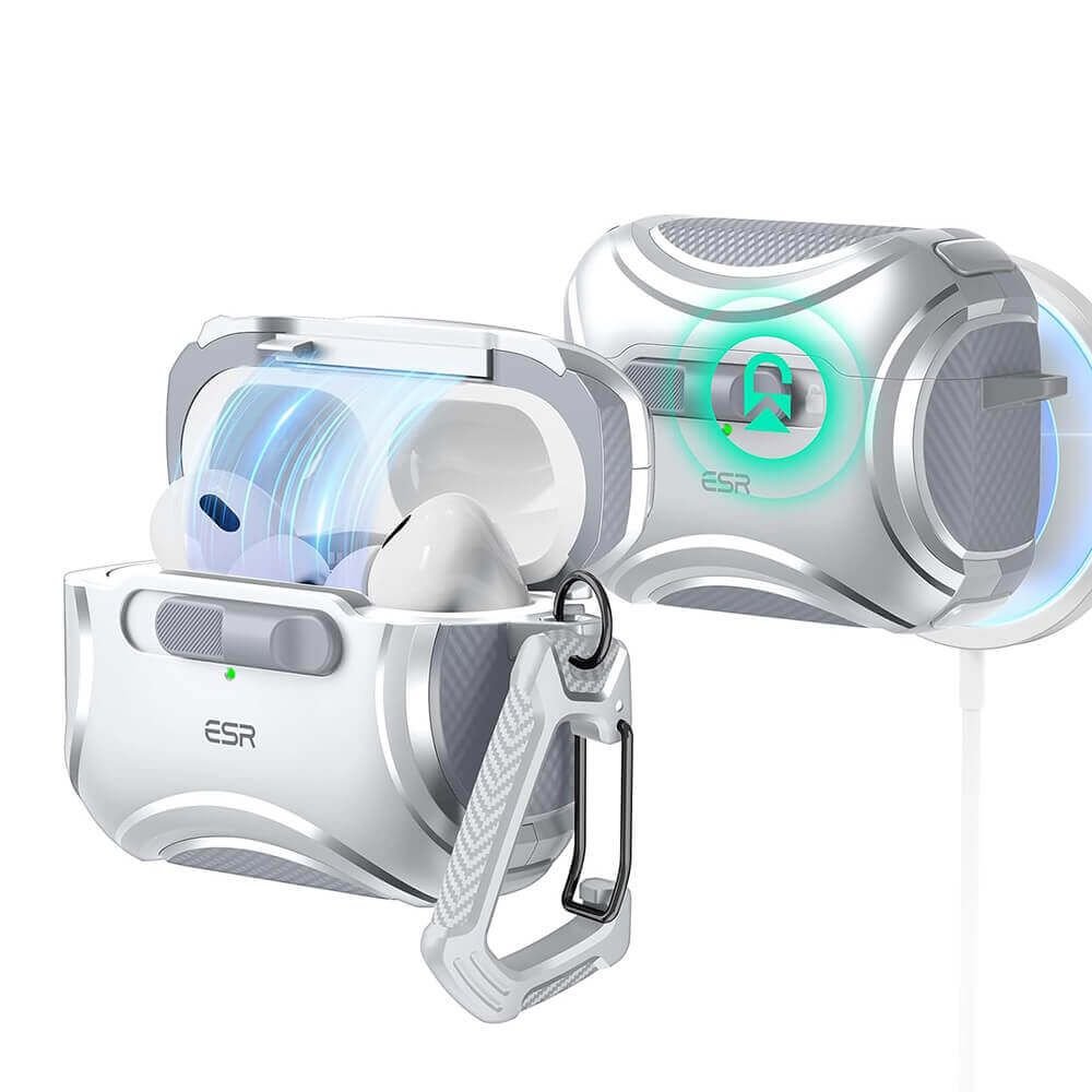 Силиконов удароустойчив калъф с карабинер съвместим с MagSafe за Apple AirPods Pro 2, AirPods Pro - ESR AirPods Pro Cyber Lock Armor Halolock MagSafe Case (бял)