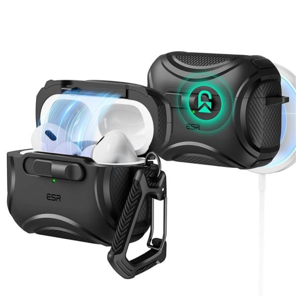 Силиконов удароустойчив калъф с карабинер съвместим с MagSafe за Apple AirPods Pro 2, AirPods Pro - ESR AirPods Pro Cyber Lock Armor Halolock MagSafe Case (черен)
