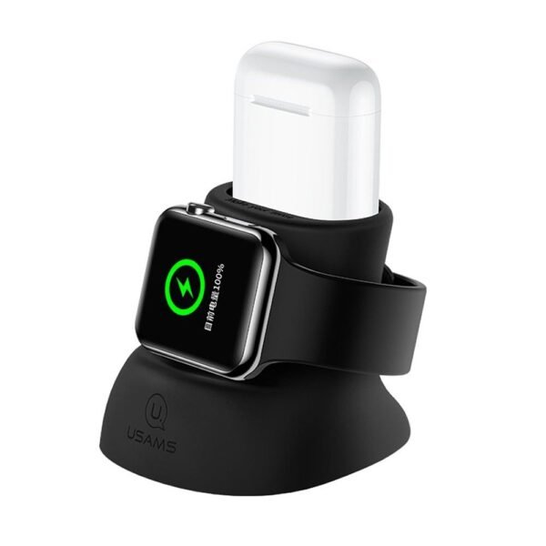 Силиконова поставка за зареждане на iPhone, Apple Watch и Apple AirPods - Usams US-ZJ051 Silicon Charging Holder for Apple Watch, AirPods (черна)