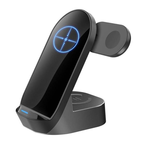 Тройна поставка (пад) за безжично зареждане за iPhone, Apple Watch, AirPods и Qi съвместими мобилни устройства - Budi 3-in-1 Wireless Charger 15W (черен)