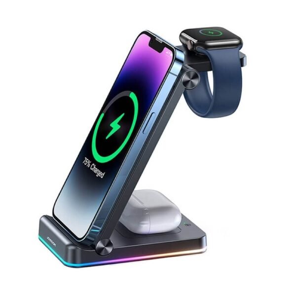 Тройна поставка (пад) за безжично зареждане за iPhone, Apple Watch, AirPods и Qi съвместими мобилни устройства - Joyroom 3-in-1 Wireless Charger 15W (черен)
