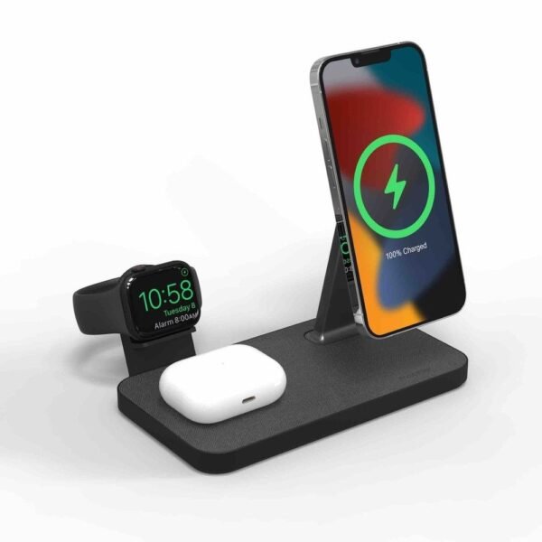 Тройна поставка (пад) за безжично зареждане за iPhone с Magsafe, Apple Watch, AirPods Pro и Qi съвместими устройства - Mophie Snap Plus 3in1 Magnetic MagSafe Wireless Charger...