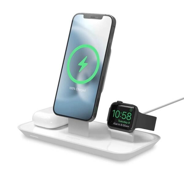 Тройна поставка (пад) за безжично зареждане за iPhone съвместима с Magsafe захранване, Apple Watch, AirPods и Qi съвместими мобилни устройства - Mophie 3in1 Wireless Stand For...