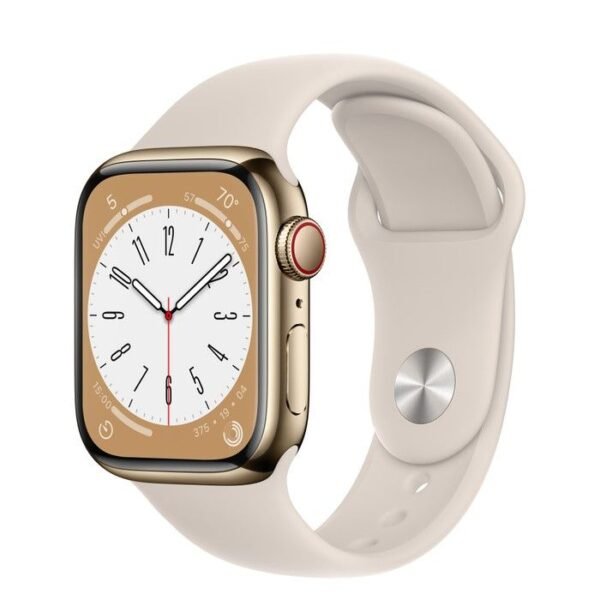 Умен часовник от Apple - Apple Watch Series 8 Cellular, 41mm Gold Stainless Steel Case with Starlight Sport Band