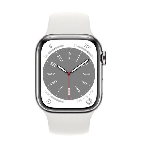 Умен часовник от Apple - Apple Watch Series 8 Cellular, 41mm Silver Stainless Steel Case with White Sport Band
