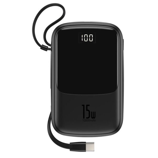 Външна батерия 10000 mAh с вграден USB-C кабел и USB-C, USB-A и Lightning портове - Baseus Qpow Digital Display Power bank with USB-C cable 15W (PPQD-A01) (черен)