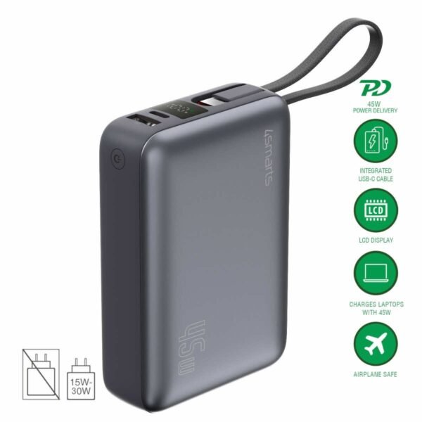 Външна батерия с USB-A и USB-C портове и вграден USB-C кабел - 4smarts Power Bank Enterprise Compact 20000 mAh 45W (тъмносив)