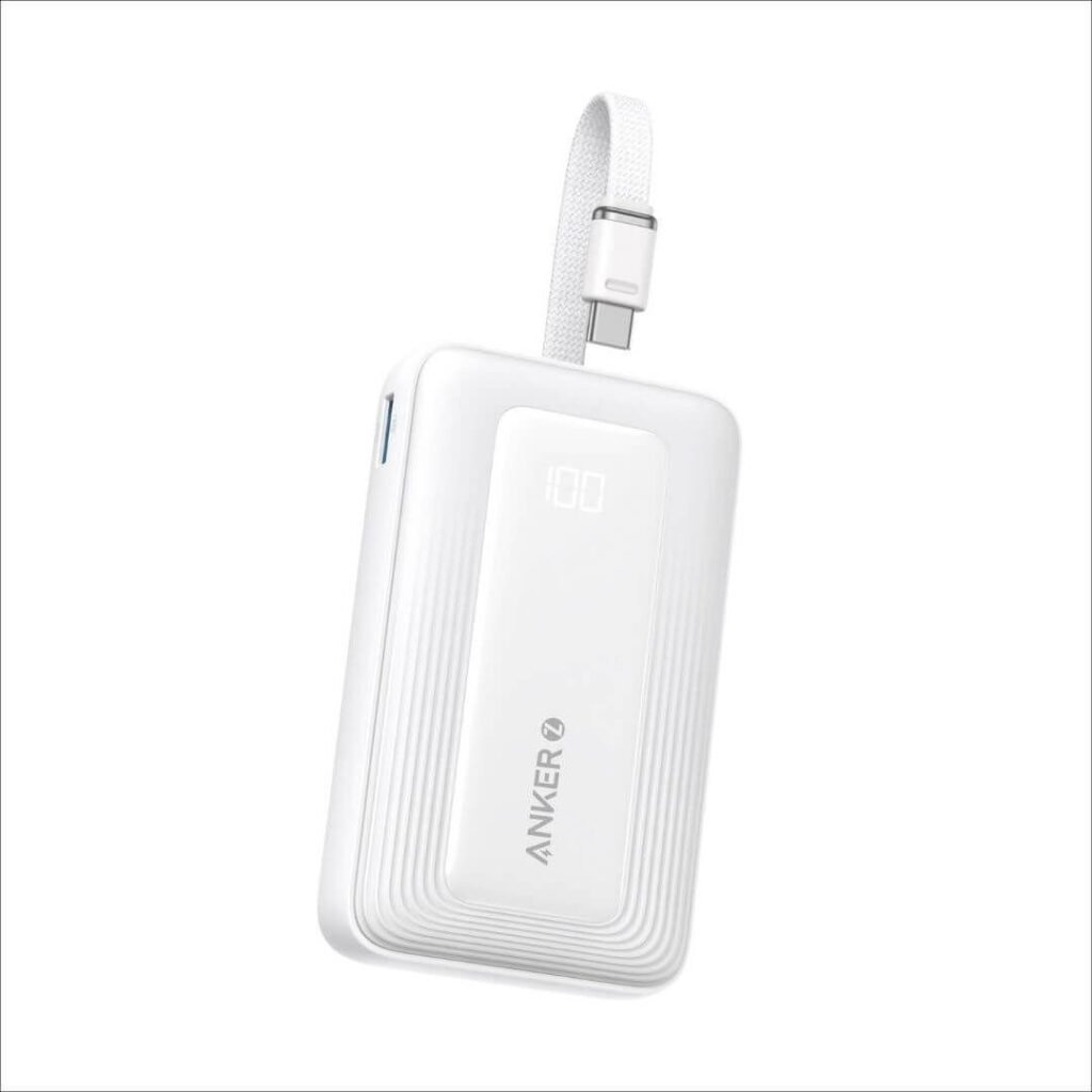 Външна батерия с вграден USB-C кабел, USB-C и USB-A портове и технология за бързо зареждане - Anker Zolo Power Bank 30W 10000 mAh (бял)