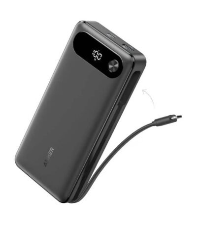 Външна батерия с вграден USB-C кабел, USB-C и USB-A портове и технология за бързо зареждане - Anker Power Bank With USB-C Cable 87W 20000 mAh (черен)