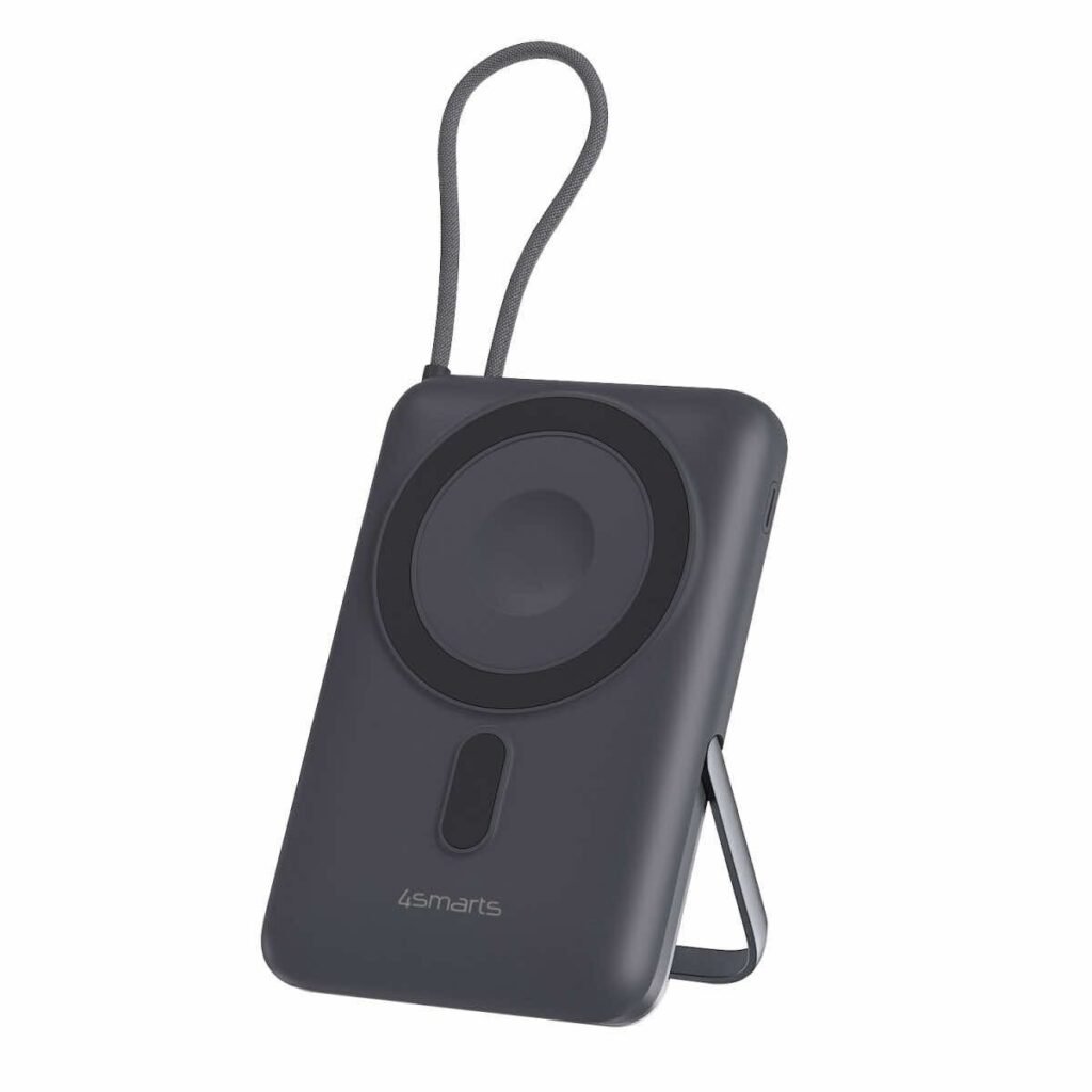 Външна батерия с вграден USB-C кабел, USB-C порт и Qi2 безжично зареждане - 4smarts Power Bank Enterprise Pocket 10000 mAh 22.5W Qi2 (тъмносив)