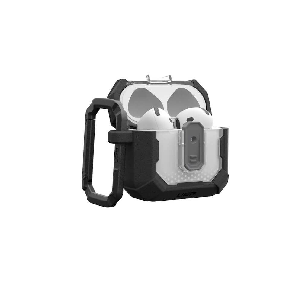 Хибриден удароустойчив кейс с карабинер за Apple AirPods 4 - Urban Armor Gear Plasma Hybrid Case (черен-прозрачен)