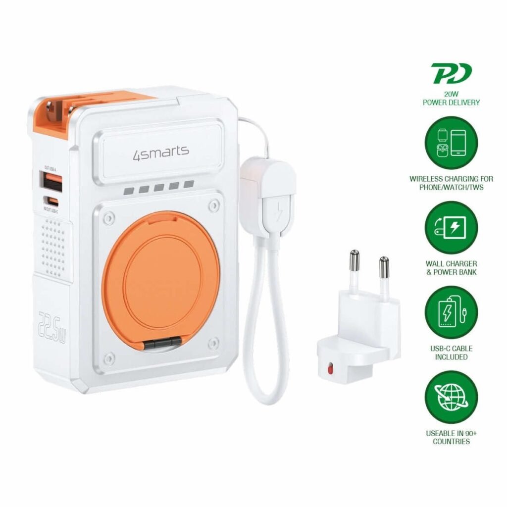Захранване за ел. мрежа и външна батерия с USB-C кабел, USB-C и USB-A изходи и безжично зареждане - 4smarts 6-in-1 Hybrid Charger Power Bank 10000 mAh (бял)